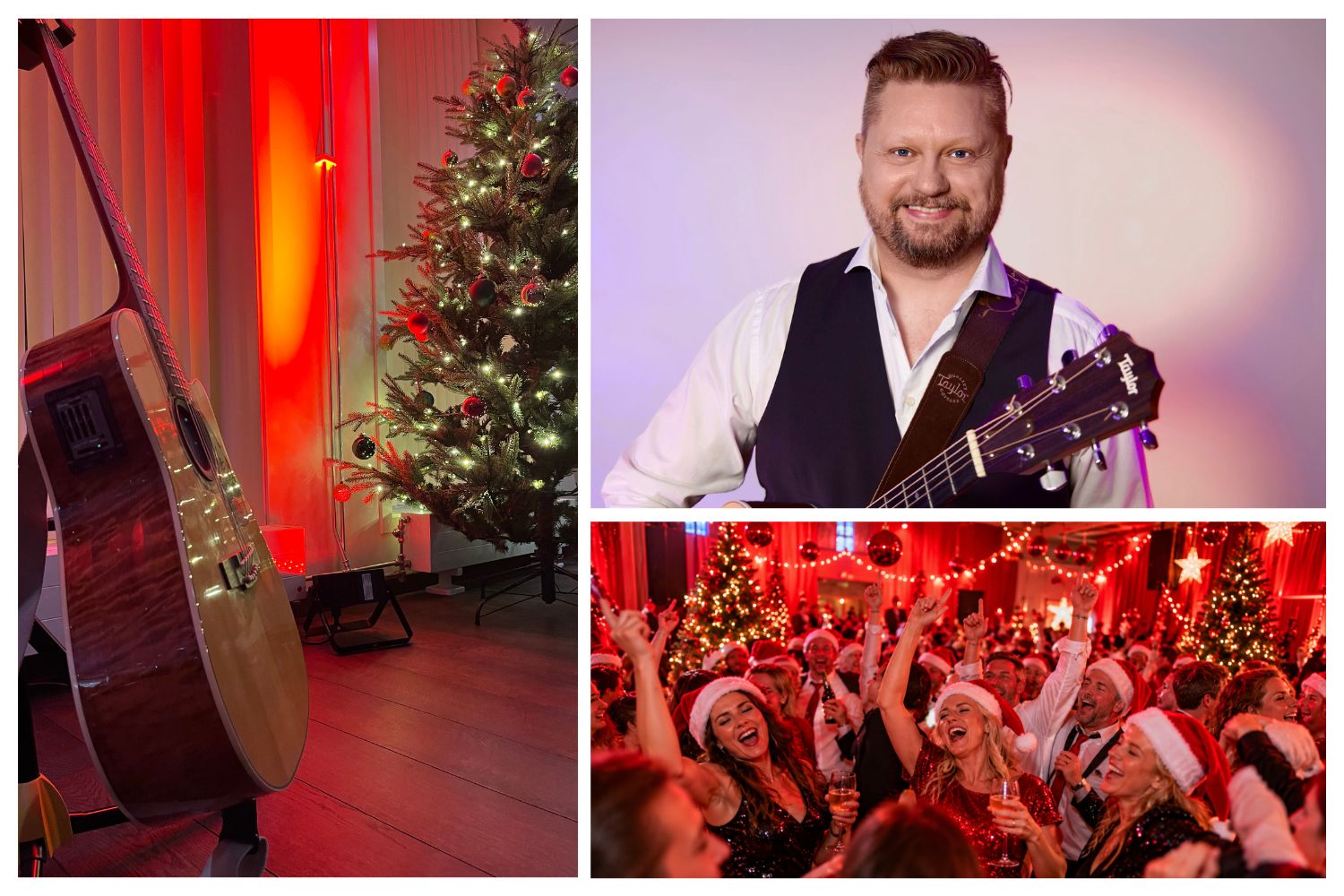 Akustisk gitar ved et pyntet juletre, trubadur Doffe med gitar og julebordgjester som danser med nisseluer.