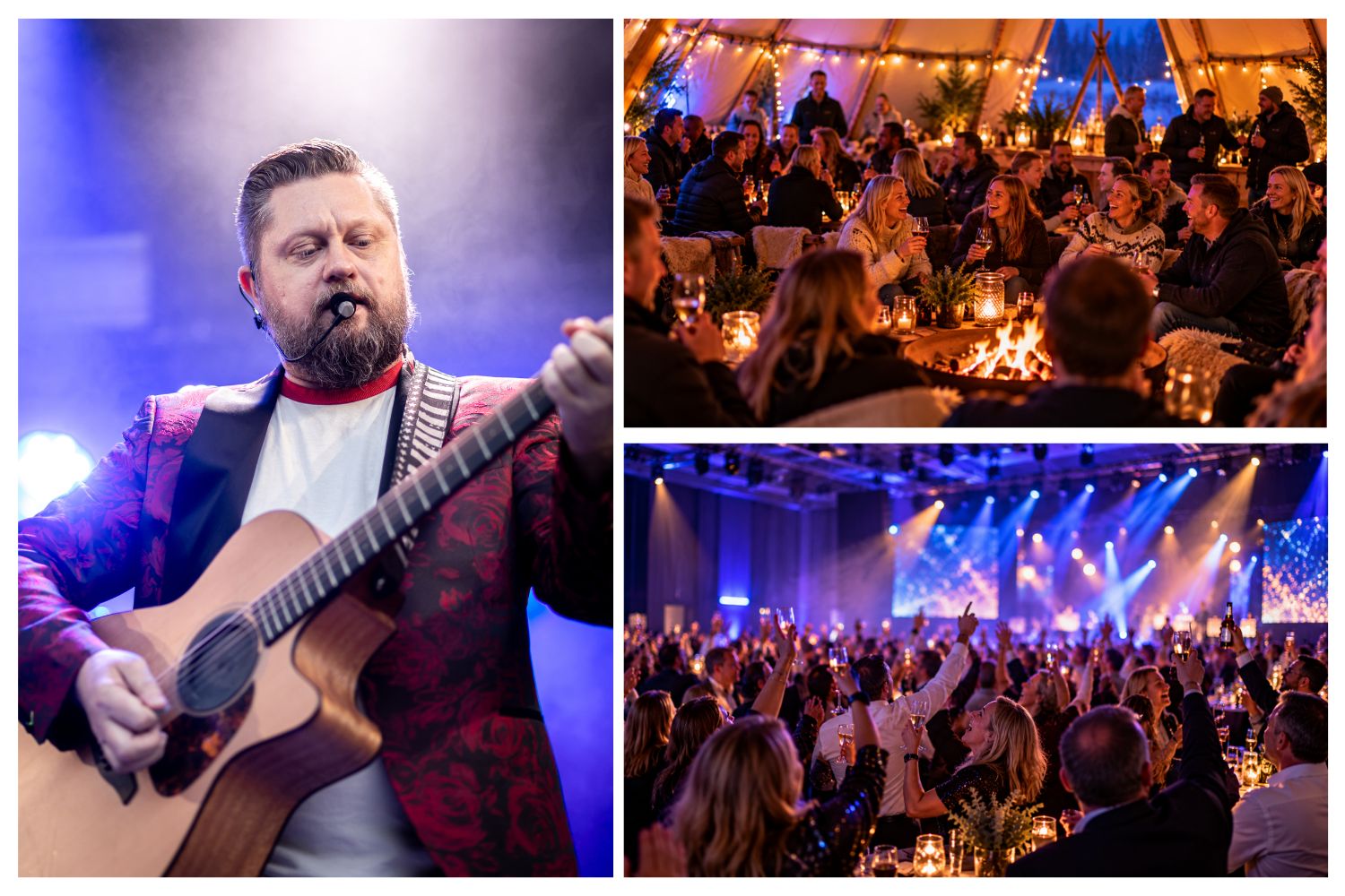 Trubadur Doffe spiller gitar, med illustrasjonsbilder av en liten firmagruppe i lavvo og et stort firmaarrangement med jublende publikum.