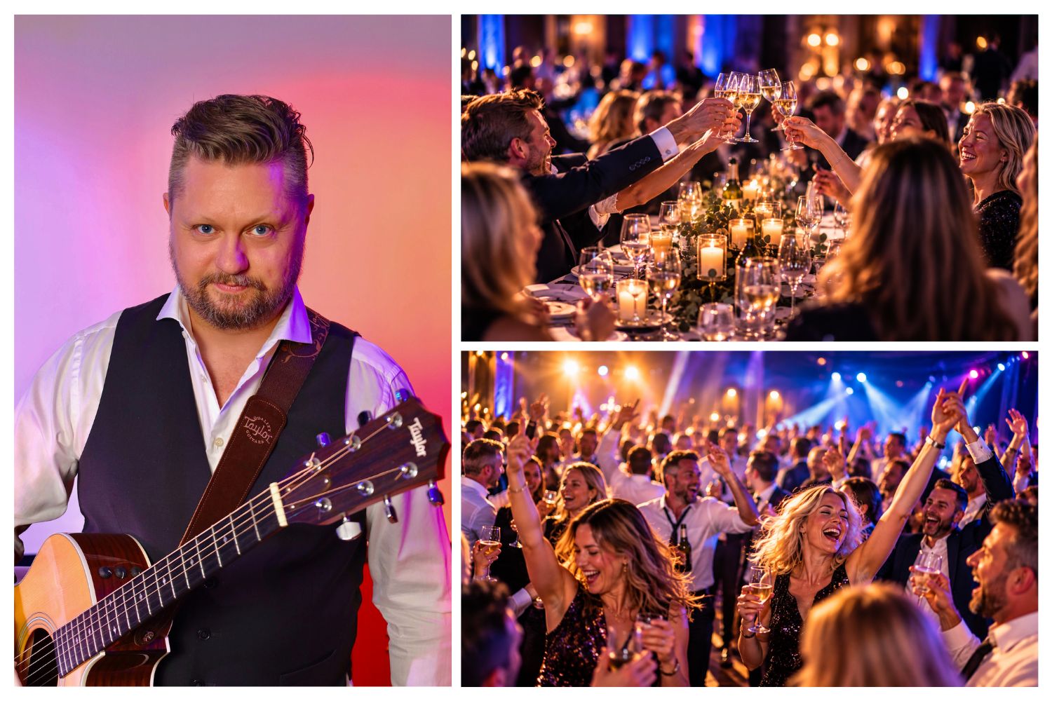 Trubadur Doffe med gitar, sammen med bilder av kolleger som skåler og danser på firmafest.